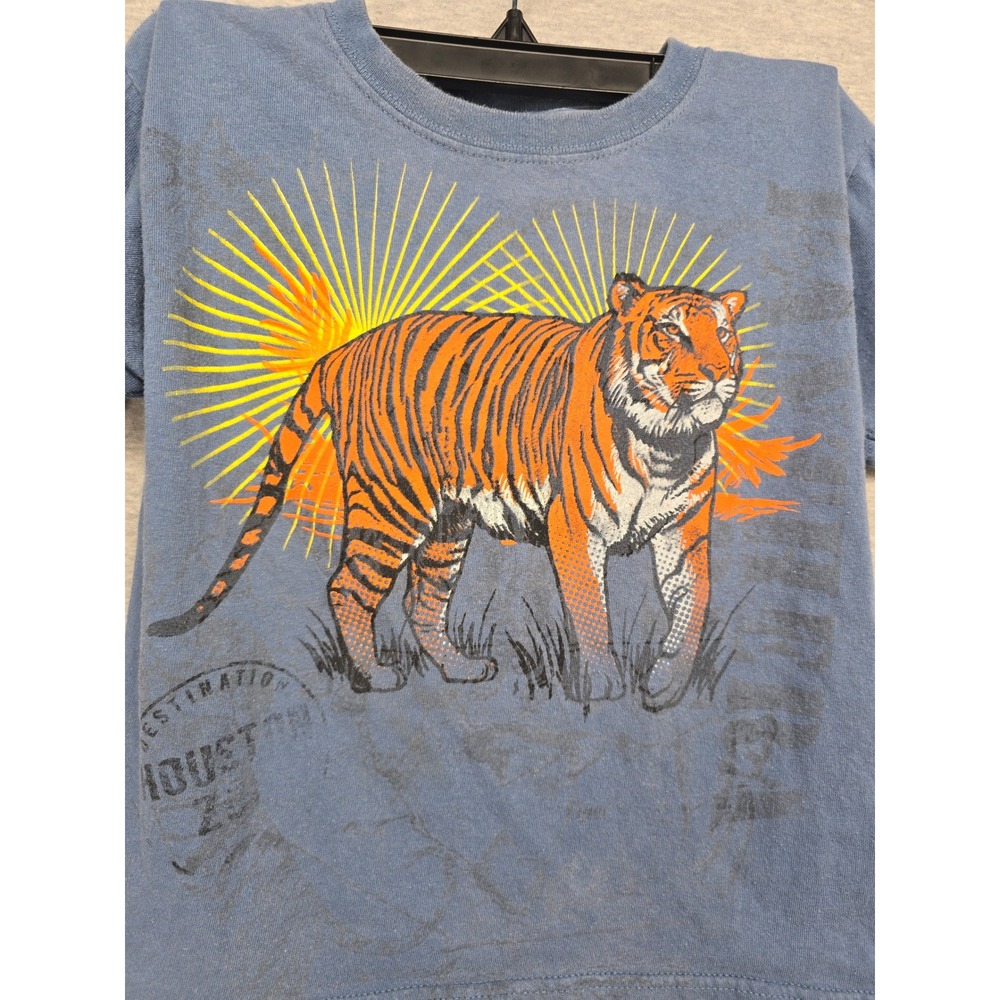 Houston Zoo Tiger Graphic T-Shirt Blue Kids Small Short Sleeve Souvenir Tee